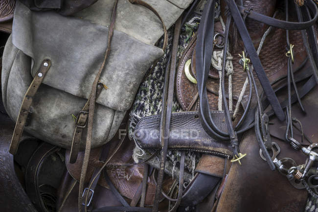 Лошадиное снаряжение, сумки и веревки, полная рамка — стоковое фото