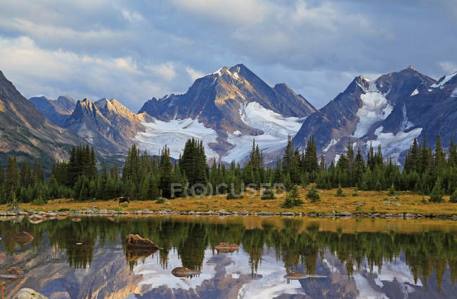 Montanhas refletindo na água do lago em Tonquin Valley, Jasper National Park, Canadá — Fotografia de Stock