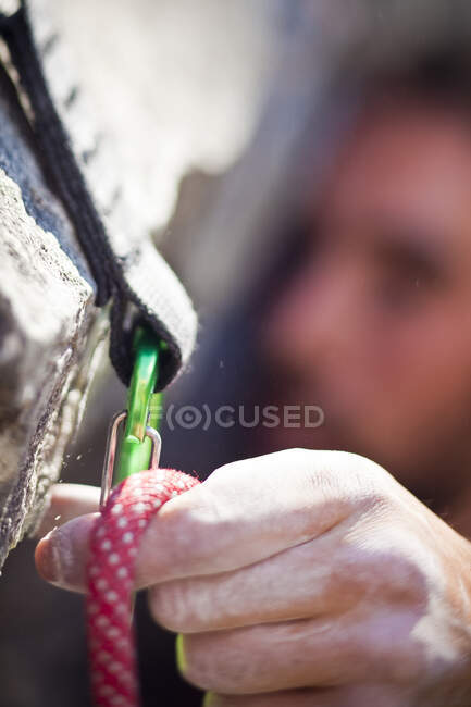 Close-up of man sport climbing on rock face — Stock Photo