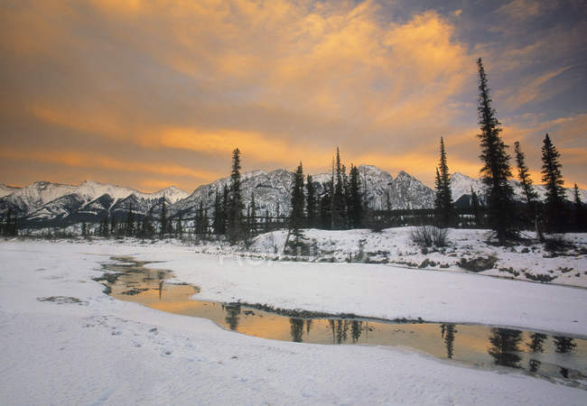 Rio Saskatchewan Norte congelado em Kootenay Plains, Alberta, Canadá — Fotografia de Stock