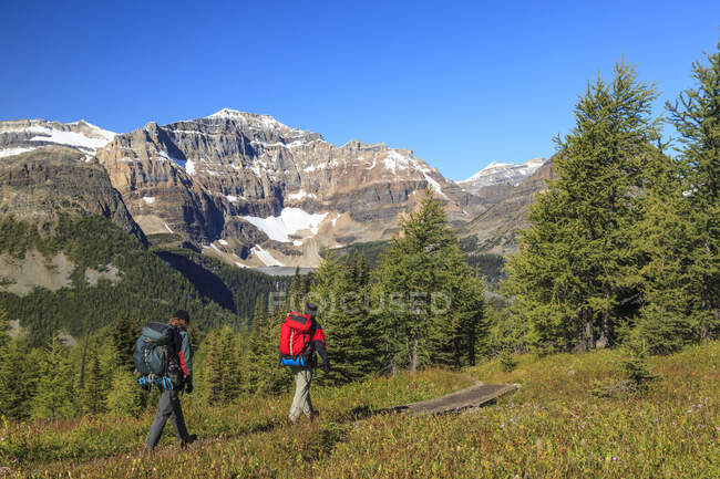 Deux randonneurs descendent le sentier jusqu'au lac Egypt dans le parc national Banff, en Alberta, au Canada. Modèle publié — Photo de stock