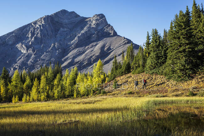 Due escursionisti escursionisti indietro vicino al lago Baker nella zona selvaggia Skoki del Banff National Park, Alberta Canada. Modello rilasciato — Foto stock