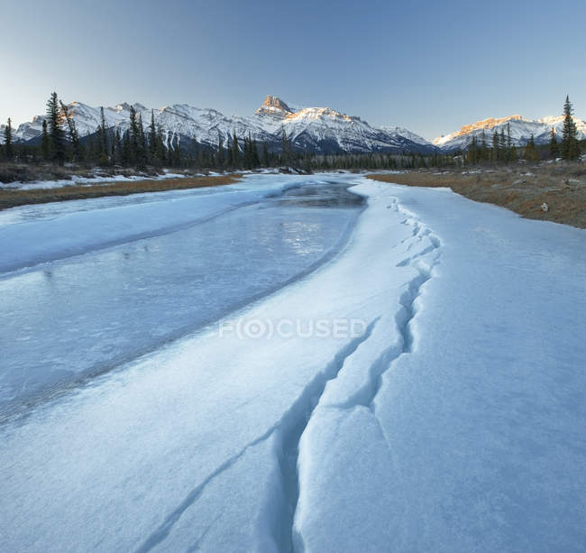 Rivière Saskatchewan Nord en hiver avec le mont Peskett dans la plaine Kootenay, Alberta, Canada — Photo de stock