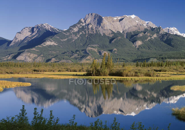 Montaña Roche Ronde reflejándose en el agua del lago en el Parque Nacional Jasper, Alberta, Canadá - foto de stock