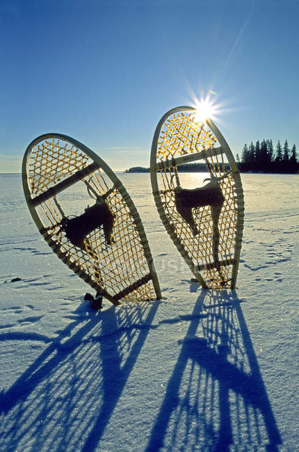 Sapatilhas de neve furando da neve no lago congelado do norte no Canadá . — Fotografia de Stock