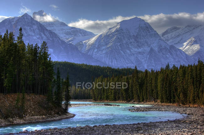 Fiume di Athabasca lungo Columbia Icefields Parkway a Parco nazionale Jasper, Alberta, Canada — Foto stock