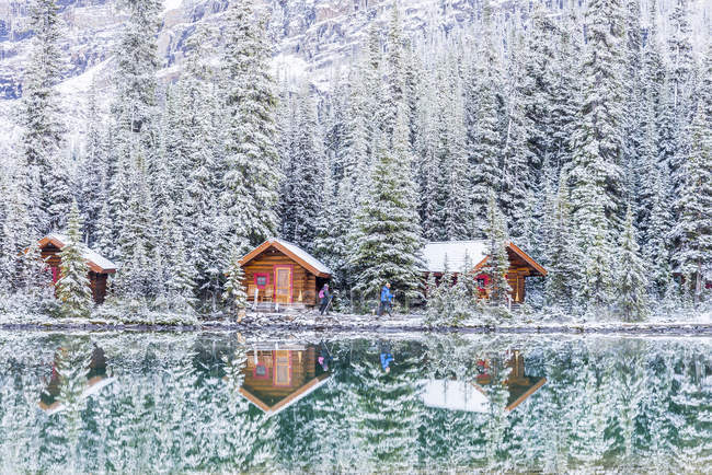 Nieve fresca en cabañas en el Lago Ohara, Parque Nacional Yoho, Columbia Británica, Canadá - foto de stock