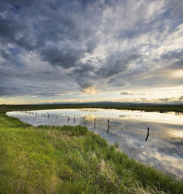 Fence and slough water in pasture near Cochrane, Alberta, Canada. — Stock Photo