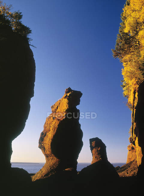 Скальные образования Скал Хоупвелла на берегу залива Фанди, Хоупвелл Рокс Провинциальный парк, Нью-Брансуик, Канада — стоковое фото