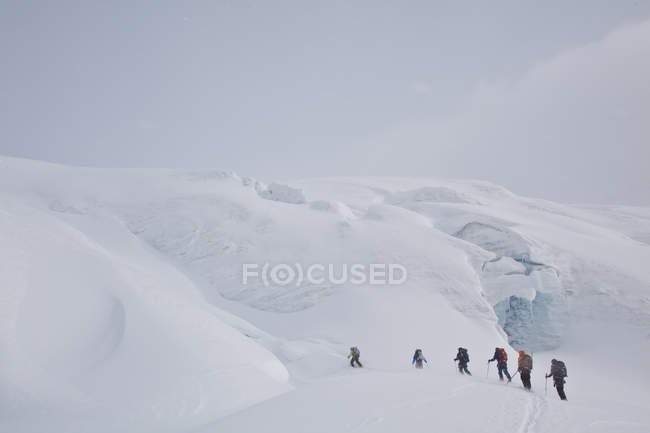 Gruppo di scialpinisti che ascendono attraverso il ghiacciaio esposto di Icefall Lodge, Golden, British Columbia, Canada — Foto stock