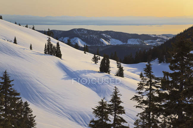 Evening light over slopes near Mount Steele Cabin in Tetrahedron Provincial park, British Columbia, Canada. — Stock Photo