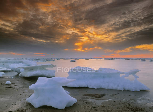 Icebergs em Hudson Bay ao pôr do sol em Churchill, Manitoba, Canadá — Fotografia de Stock