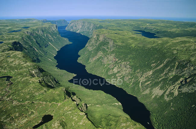 Luftaufnahme des grauen Flusses in der grünen Landschaft von Neufundland, Kanada. — Stockfoto
