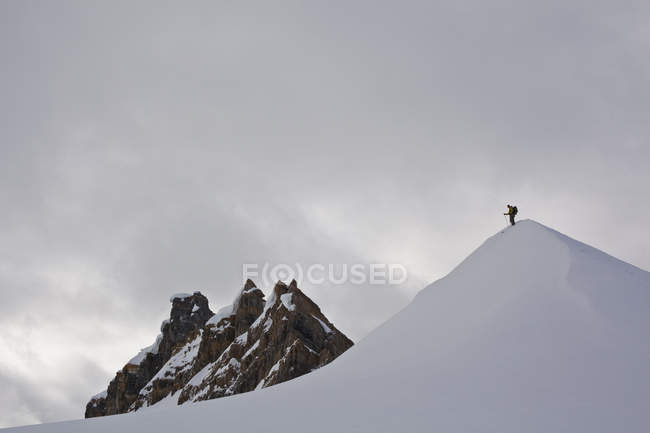 Backcountry-Skifahrer auf Schneehügel vor dem Fallenlassen, Eisfall-Lodge, golden, Britisch Columbia, Kanada — Stockfoto