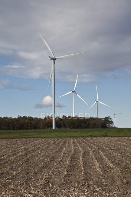Molinos de viento en tierras de cultivo del suroeste de Ontario en Canadá . - foto de stock