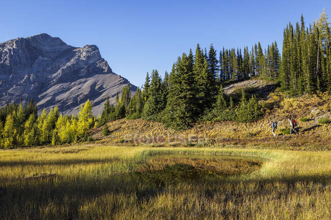 Dois mochileiros caminham perto de Baker Lake, na área selvagem Skoki de Banff National Park, Alberta Canada. Modelo liberado — Fotografia de Stock