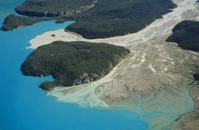 Aerial view of Llewellyn Glacier meltwater into Atlin Lake, Atlin Provincial Park, British Columbia, Canada. — Stock Photo