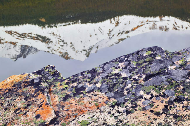 Quarzit-Felsbrocken mit Flechten vor Bergen, die sich im Seewasser spiegeln, Jaspis-Nationalpark, Alberta, Kanada. — Stockfoto