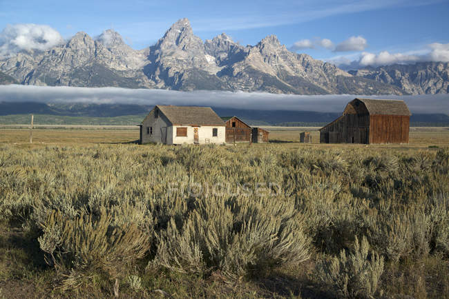 Landschaften historischer T.a. moulton ranch auf mormonen reihe im grand teton nationalpark, jackson, wyoming, usa — Stockfoto