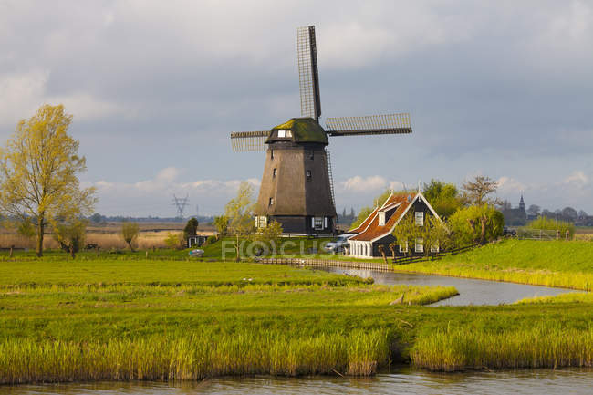 Moulin à vent en milieu rural à Schermerhorn, Hollande-Septentrionale, Pays-Bas — Photo de stock
