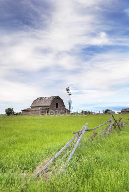 Grange abandonnée dans un pré vert près de Leader, Saskatchewan, Canada — Photo de stock