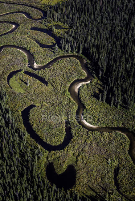 Aerial view of curved Bowron River at marsh of Bowron Lake Park, British Columbia, Canada — Stock Photo