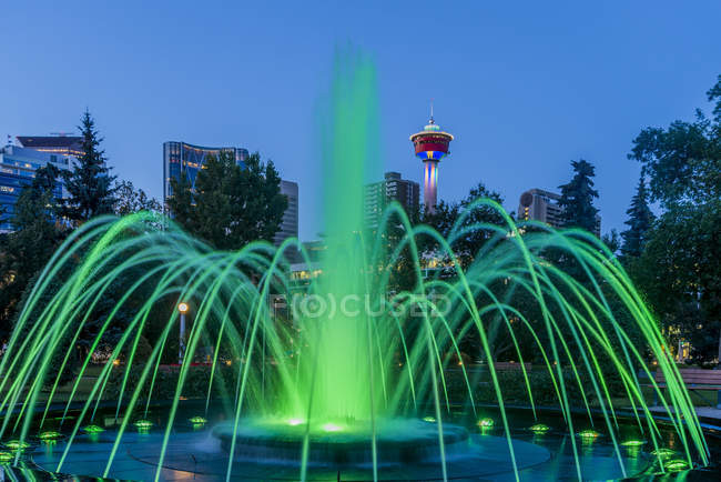 Освещённый фонтан в Центральном мемориальном парке, Калгари, Альберта, Канада — стоковое фото