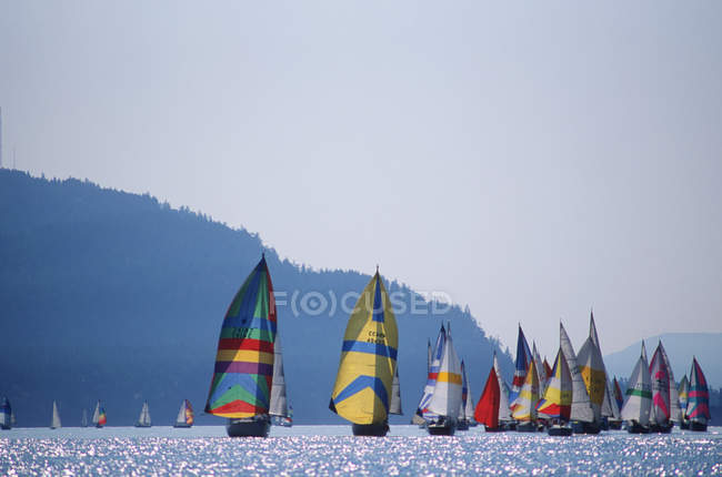 Recreational spinnakers sailing near Pender Island, Vancouver Island, British Columbia, Canada. — Stock Photo