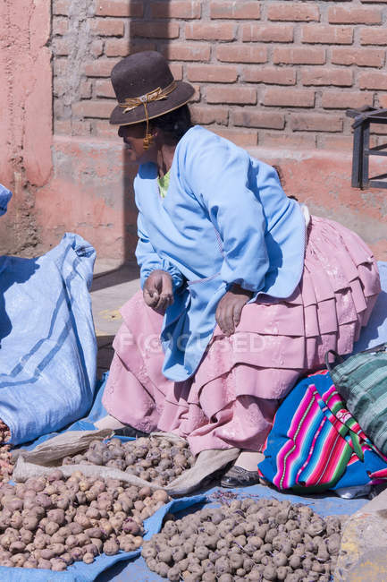 Mujer local en escena de mercado de Puno, Lago Titicaca, Perú - foto de stock