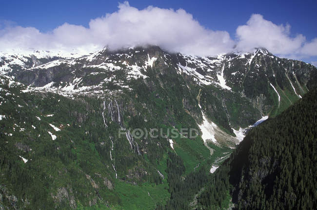 Aerial view of Della Falls in mountains of Strathcona Provincial Park, British Columbia, Canada. — Stock Photo