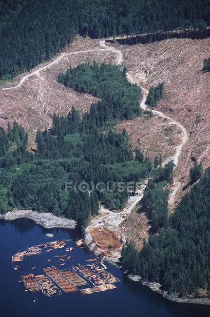 Luftaufnahme der Bucht mit Kahlschlag und Marine Log Deponie, britisch Columbia, Kanada. — Stockfoto