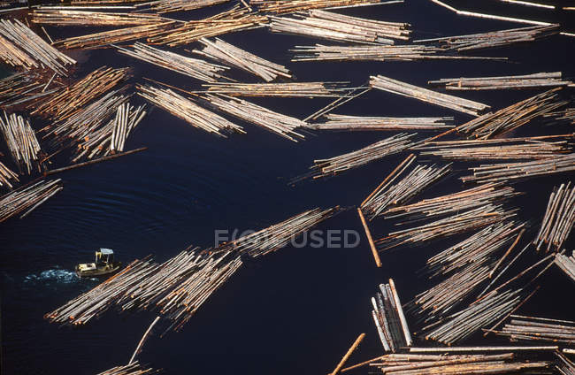 High angle view of log boom on Slocan Lake, West Kootenays, British Columbia, Canada. — Stock Photo
