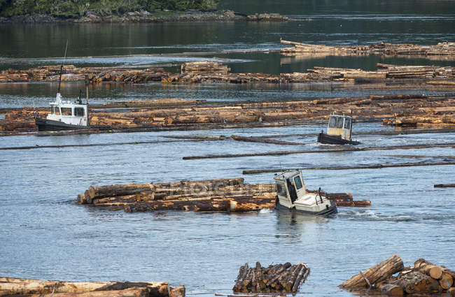 Barcos de boom de exploração madeireira na aldeia costeira de Beaver Cove, Kokish River, British Columbia, Canadá — Fotografia de Stock