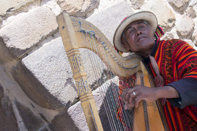 Місцевим чоловік у відтворенні арфи на вулицю села Ollantaytambo, Перу — стокове фото