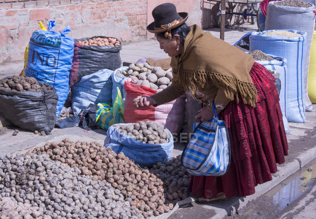 Local woman in market scene of Puno, Lake Titicaca, Peru — Stock Photo