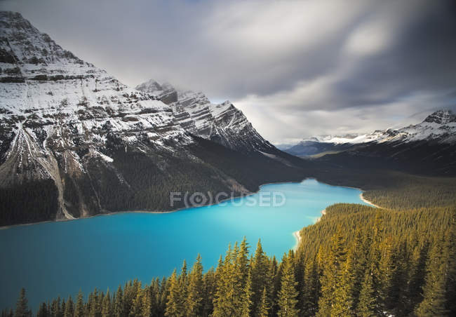 Vue panoramique des montagnes enneigées et du lac Peyto turquoise, parc national Banff, Alberta, Canada — Photo de stock