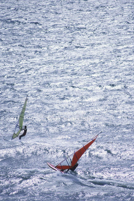 Vue en angle élevé de deux planchistes mâles contre l'eau, Victoria, Île de Vancouver, Colombie-Britannique, Canada
. — Photo de stock