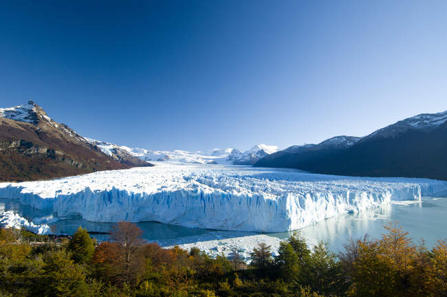 Ghiacciaio Perito Moreno in autunno con vitelli ghiacciati che cadono nell'acqua del Lago Argentina, Parque Nacional Los Glacieres, Argentina — Foto stock