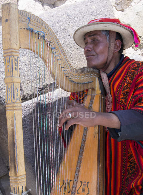 Hombre local tocando el arpa en la calle del pueblo Ollantaytambo, Perú - foto de stock