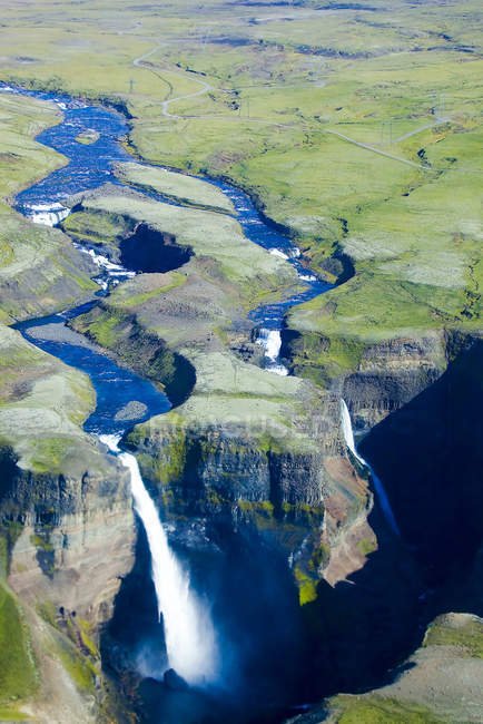 Aerial view of flowing Haifoss Waterfall, Iceland — Stock Photo