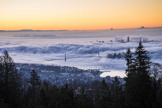 Lions Gate Bridge tra la nebbia su Vancouver, Columbia Britannica, Canada — Foto stock