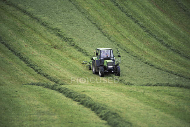 Coltivatore rastrello fieno con trattore in terreni agricoli della Baviera, Germania, Europa — Foto stock