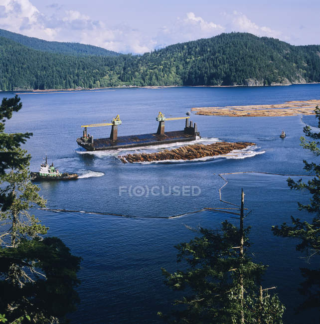 Log barge unloading, Howe Sound, British Columbia, Canada. — Stock Photo