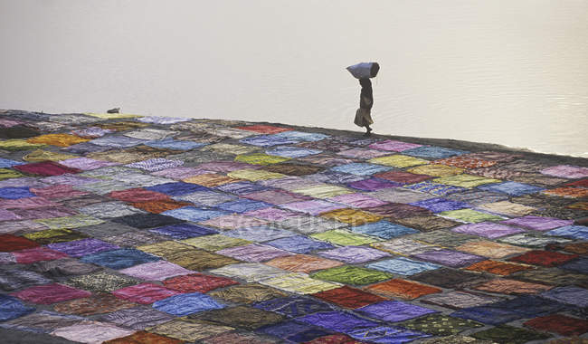 Silhouette de rondelle sur tissus secs sur sable fluvial, Agra, Uttar Pradesh, Inde — Photo de stock