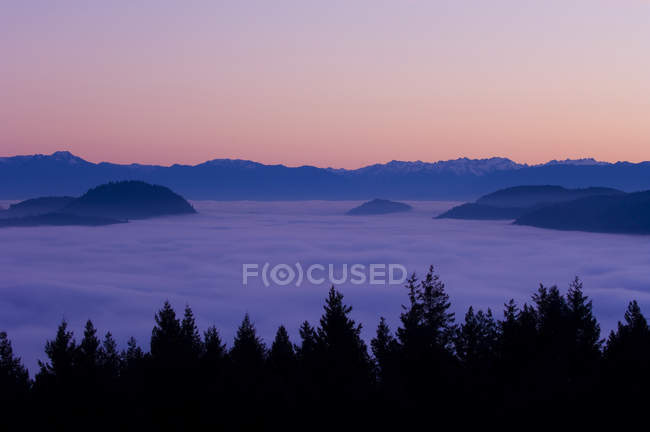 Vue de Malahat au-dessus du bras Finlayson au coucher du soleil avec brouillard sous le sommet des collines, île de Vancouver, Colombie-Britannique, Canada . — Photo de stock