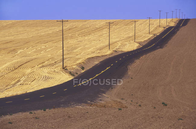 Roadway em Palouse com linha amarela e pólos no leste de Washington, EUA — Fotografia de Stock