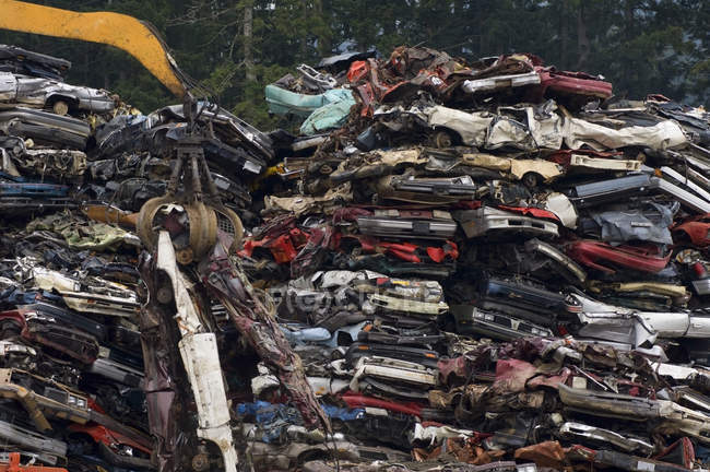 Gru che solleva auto appiattite da pile di auto obsolete nel cortile di riciclaggio, Vancouver Island, British Columbia, Canada — Foto stock