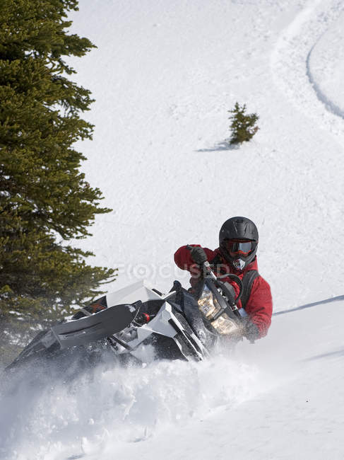 Чоловічий snowmobiler прокладає шлях вниз схил, Monashee гори, Valemount, Томпсон Оканаган, Британська Колумбія, Канада — стокове фото