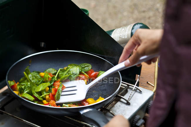 Nahaufnahme einer Person, die beim Zelten Omelette zubereitet — Stockfoto