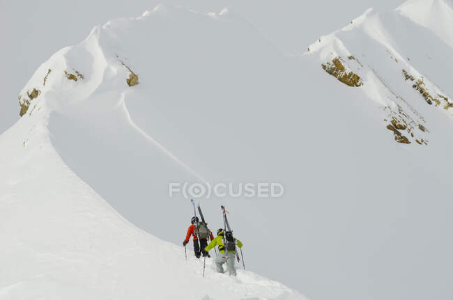Два лыжника поднимаются на хребет в ледопаде Канадских Скалистых гор к северу от Голден, Британская Колумбия — стоковое фото